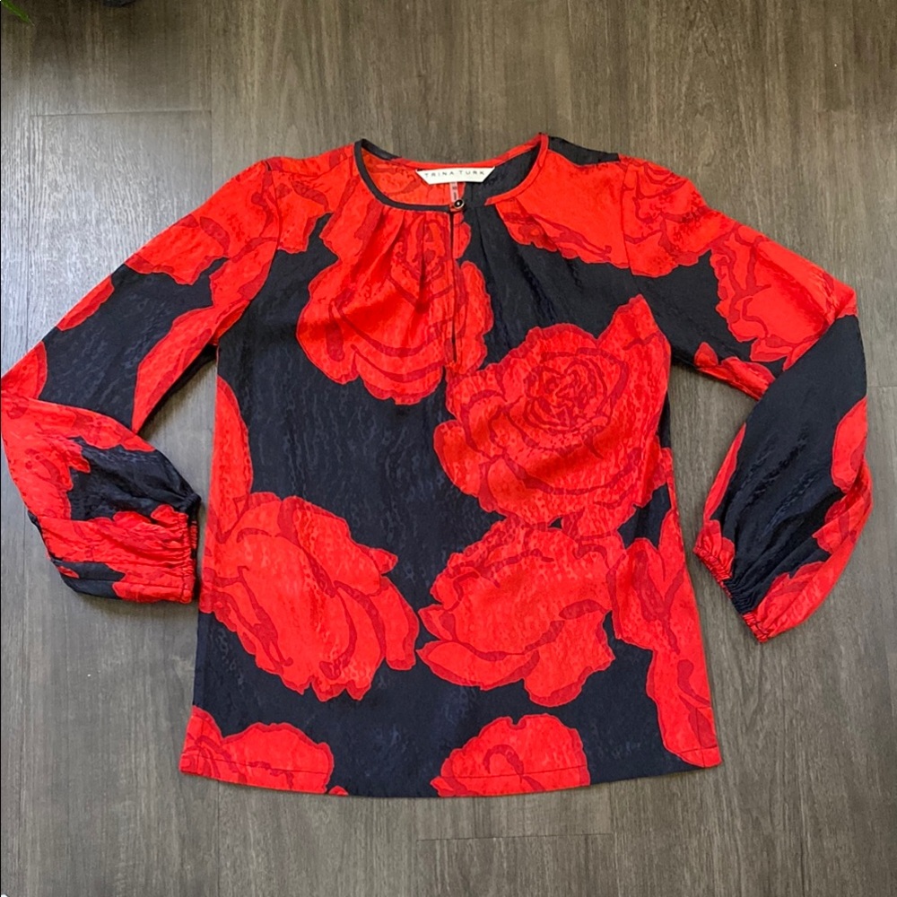 Trina Turk Red and Blue Smocked Silk Blouse Sz XS